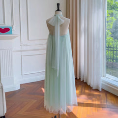 LIZAKOSHT -  Elegant Light Green Jewel  Halter Neck Waistband Sleeveless Prom Dress Off-shoulder Tulle Pearls Evening Party Gown for Holiday