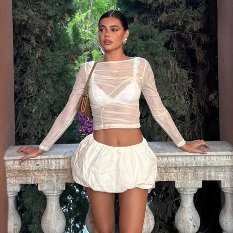 LIZAKOSHT  -  Summer See-Through Mesh T-shirt Top Women Pleated Patchwork See-Through Slim Cropped Top Tee Female Solid T-shirt Pullover