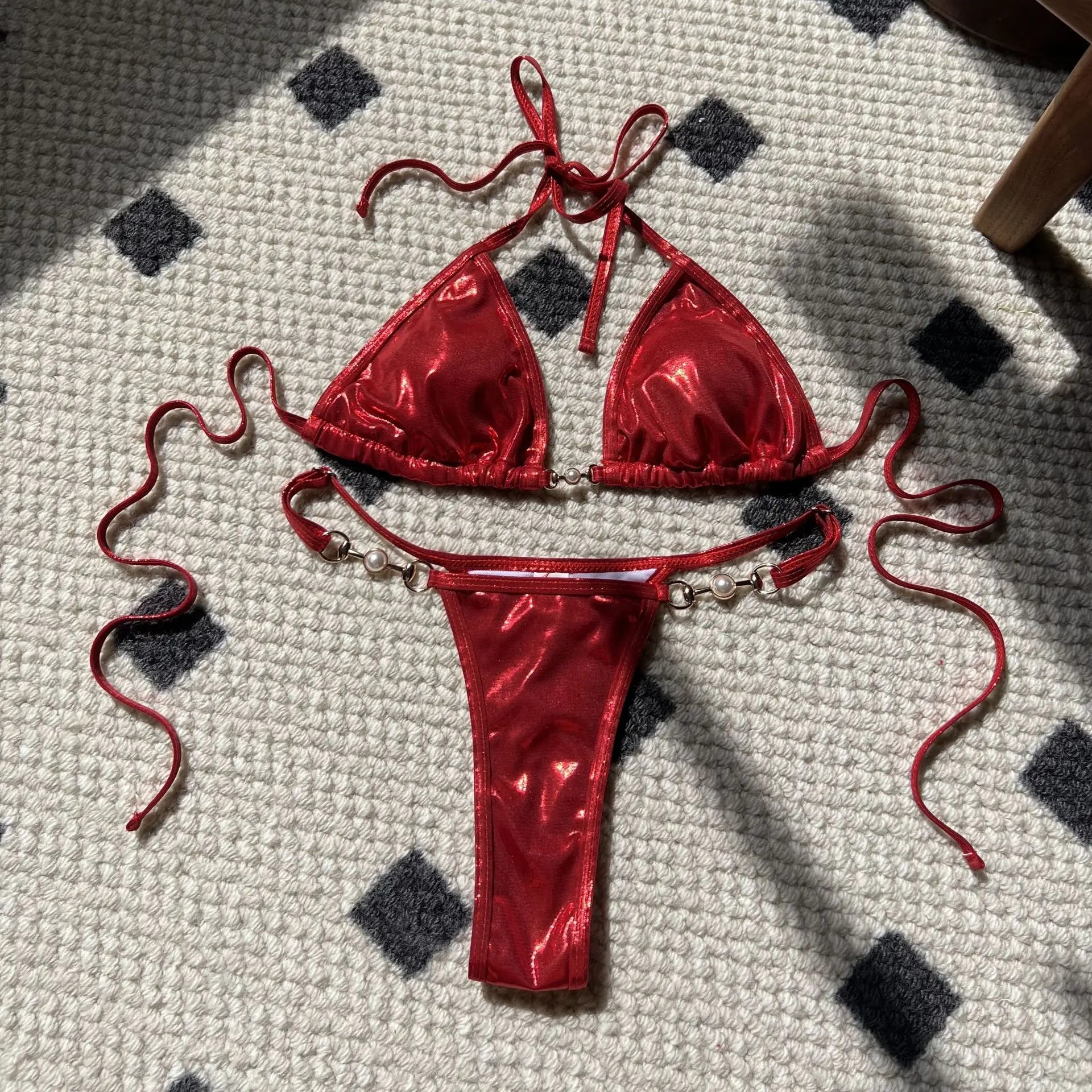 LIZAKOSHT  -  Shiny Pink Micro Bikini Mujer Women Sexy PU Pearls Push Up Thong Swimsuit Summer Bathing Suit Bandage Holiday Swimwear