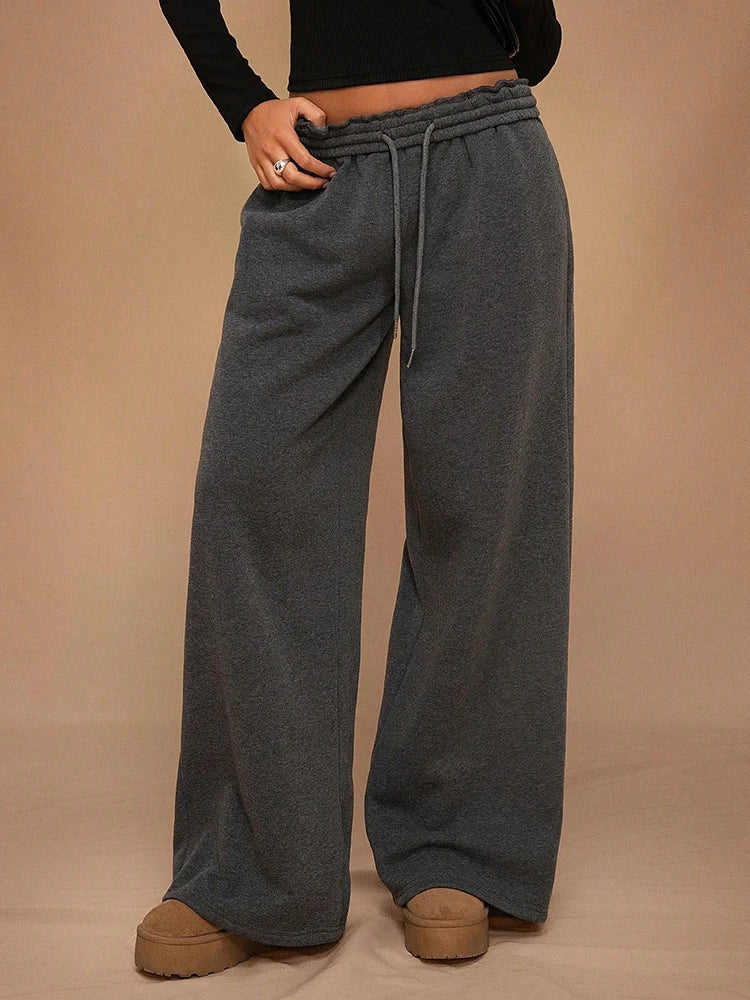 LIZAKOSHT  -  Women's Velvet Sweatpants Elastic Waist Wide Leg Loose Trousers Autumn Comfortable Pants with Pockets Thickened Female Clothing