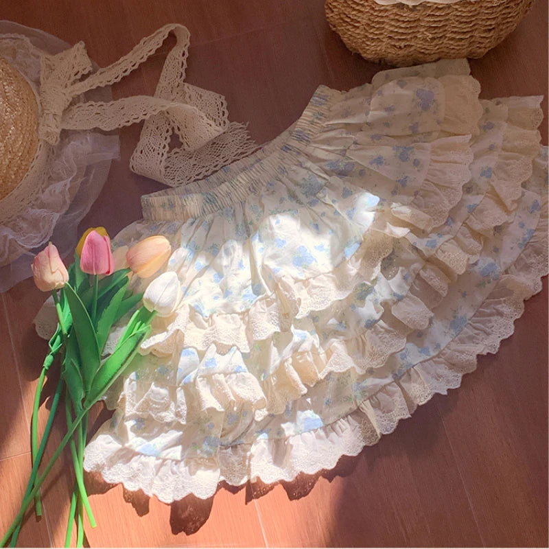LIZAKOSHT  -  Japanese Harajuku Girls Kawaii Lace Pleated Pantskirt Women High Waist Fairy Floral Shorts Y2k Aesthetic Cute Cake Mini Skirts