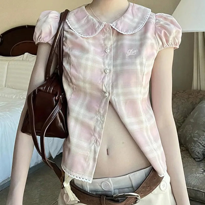 LIZAKOSHT  -  Kawaii Sweet All Match Peter Pan Collar Slim Waist Blouse Y2k Aesthetic Constrast Color Plaid Single Breasted Shirts Casual Tops