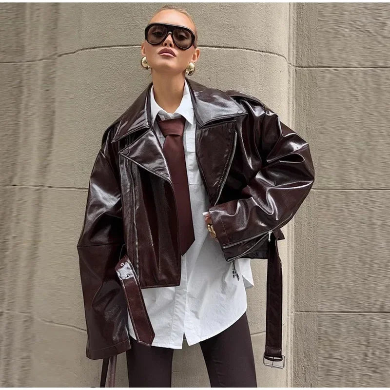 LIZAKOSHT  -  Solid PU Leather Biker Short Jacket Women Lapel Collar Full Sleeve Zipper Belted Hem Jacket 2025 Autumn Female New Edgy Outfit