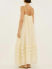 LIZAKOSHT  -  Casual Loose Pleated Sling Long Dress Women Chic Simple Beige Sleeveless Low Cut Holiday Dresses Lady Retro Summer Beach Vestido