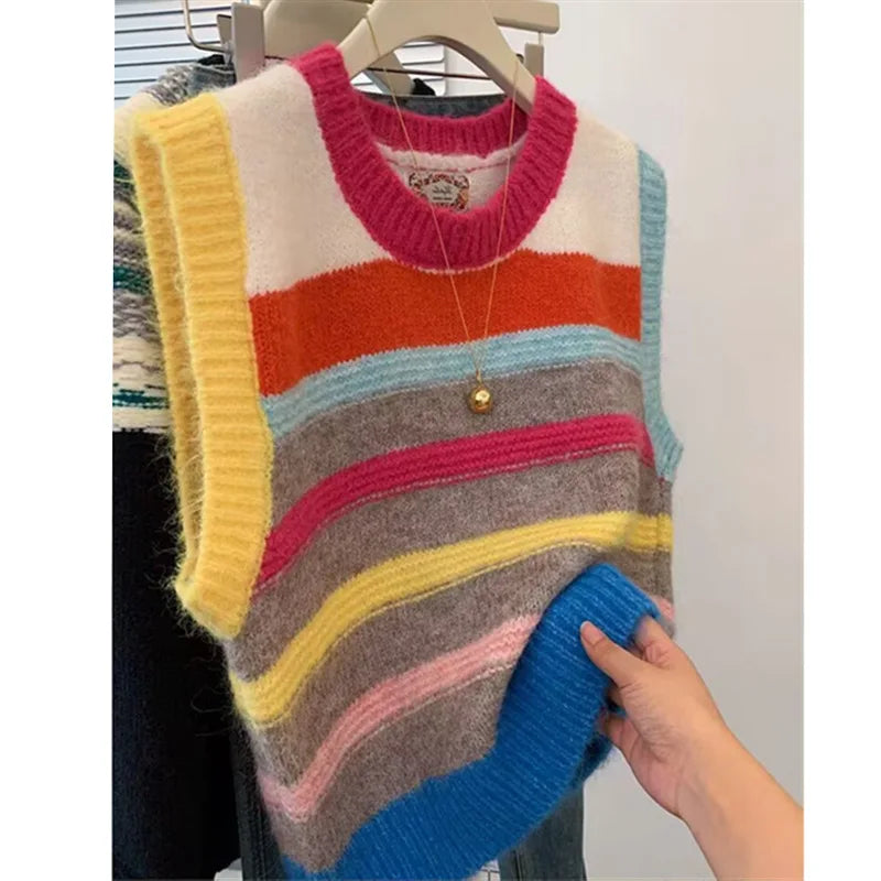 LIZAKOSHT  -  Women Knit Sweater Vests 2025 New Colorful Stripes Sleeveless O-neck Tops Knitwear Fashion Loose Casual Ladies Chic Jumpers