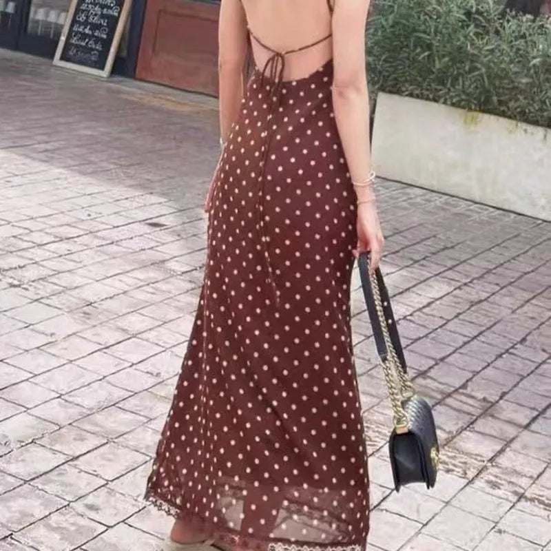 LIZAKOSHT  -  Women Polka Dot Print Sexy Lace Camisole Backless Long Dress Summer Fashion And Casual Comfortable Suitable For Vacation Dating