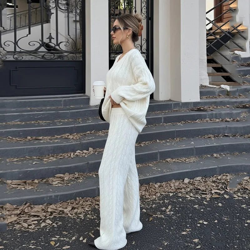 LIZAKOSHT  -  Casual Ribbed 2 Piece-Set Trousers Sets Women Solid Loose V-Neck Top And High Waist Wide-Leg Pants Sets New Female Outfits