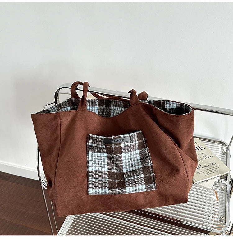 LIZAKOSHT  -  Autumn and Winter Woolen Plaid Shoulder Bag Double Sided Use Handbag Large Capacity Tote Bags For Women