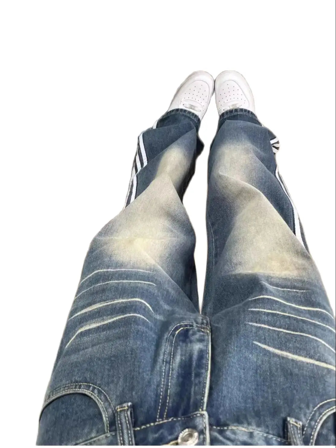 LIZAKOSHT  -  Jeans Side Stripe High Waist Streetwear Retro Washed 2024 Summer New American Women Leisure Loose Leg Straight Leg Pants