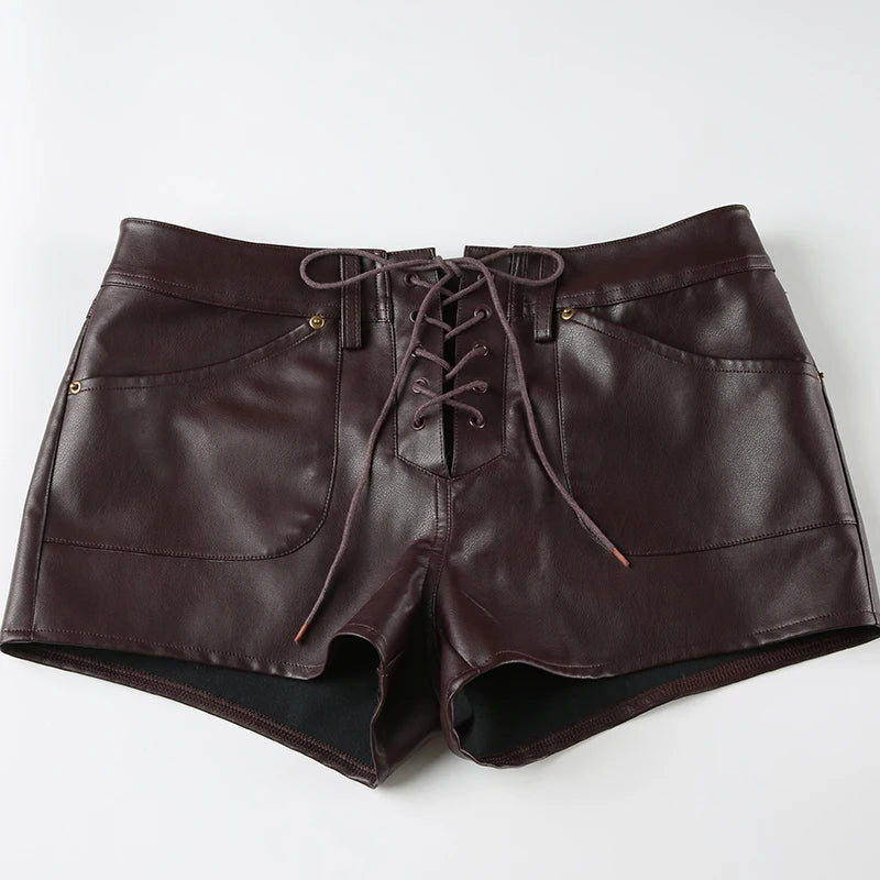 LIZAKOSHT  -  Vintage Lace Up Design Low Waist Mini Shorts Gothic Streetwear Sexy Slim Fit Brown PU Leather Pants for Women Y2k Chic