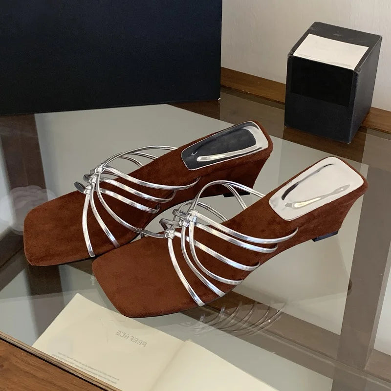 LIZAKOSHT  -  Summer Square Toe Narrow Band Women Slippers Designer Wedges High Heels Party Slides Shoes Zapatos De Mujer