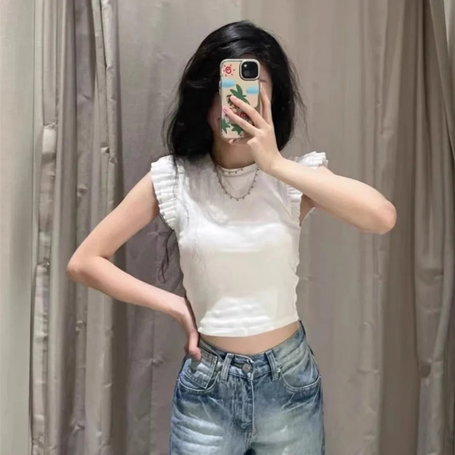 LIZAKOSHT  -  Y2K Woman 2025 Shirts Tops Ruffles Sleeve Cropped T-Shirts Summer Knitted Y2K Top Fashion Tight New Ladies Tops And Blouses