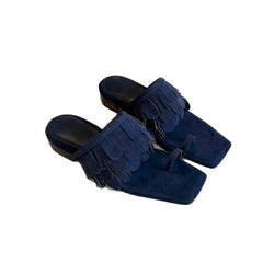 LIZAKOSHT  -  Fringe Brown Flip Flops Slippers Square Heels Peep Toe Suede Genuine Leather Sandals Summer Women's Vocation Fashion Shoes