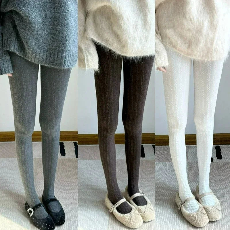 LIZAKOSHT  -  Japanese Winter Vertical Bar Warm Pantyhose Oat Color Skinny Full Foot Thickened Base Socks Candy Color Foundation Plush Tights