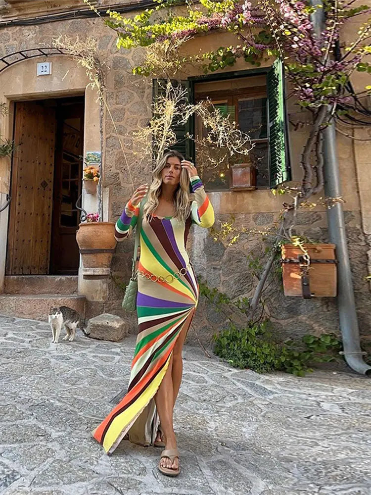 LIZAKOSHT  -  Women's Dresses Rainbow Outerwear Print Bodycon Maxi Dress Long Sleeve Summer Trendy High Slit Casual Evening Gown Woman Clothes