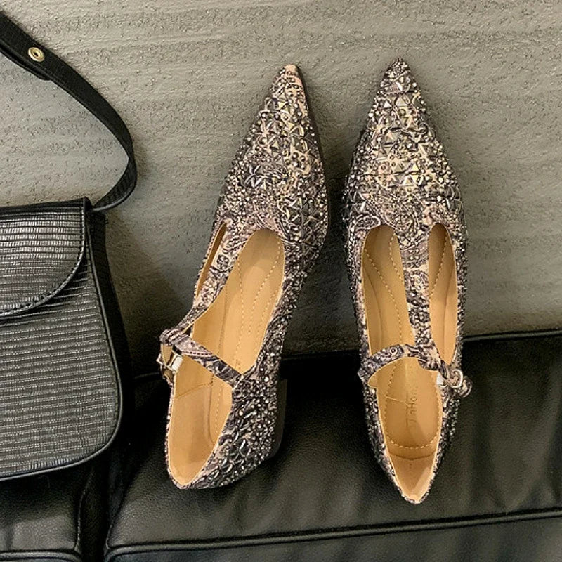 LIZAKOSHT  -  Luxury Designer Flats Mary Jane Shoes Bling Pointed Toe T-Strap Soft Sole Women Shoes Shallow Comfort Dress Shoes Zapatos Mujer