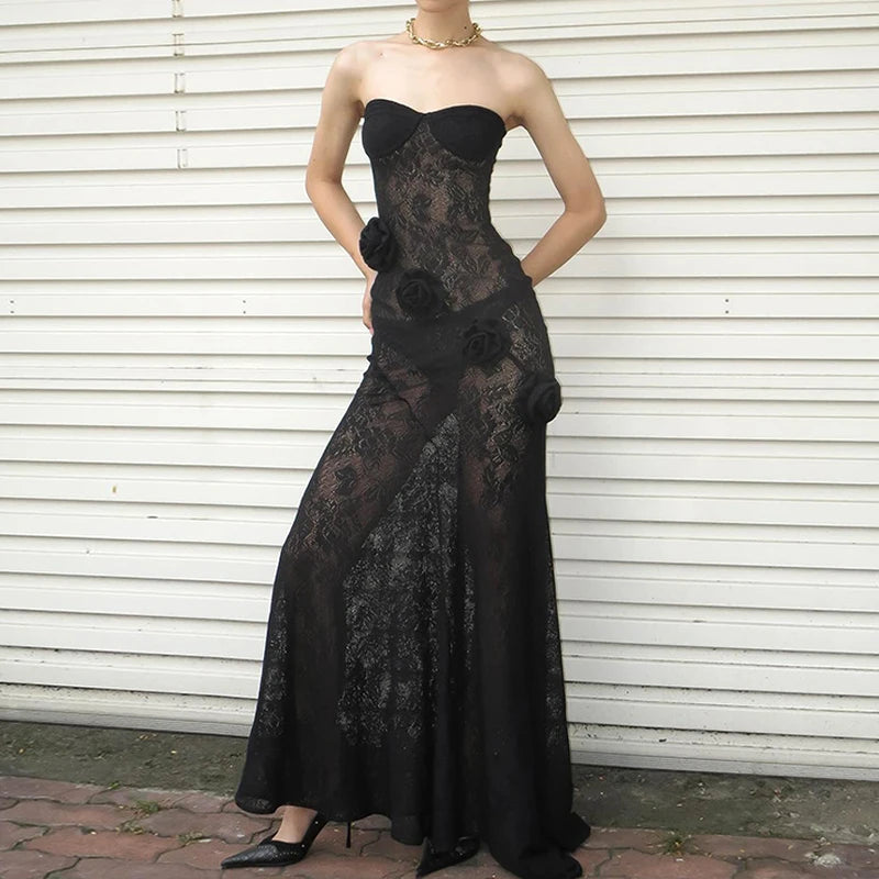 LIZAKOSHT  -  Summer Lace Strapless 3D Flowers Appliques Long Sleeveless Prom Club Dress See Through Sexy Solid Sheath Dress Vestidos