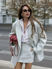 LIZAKOSHT  -  Fashion Classic Grey Women's Jacket Skirt Set Solid Color Turndown Collar Single Breasted Jackets Slim Fit Short Skirts Sets
