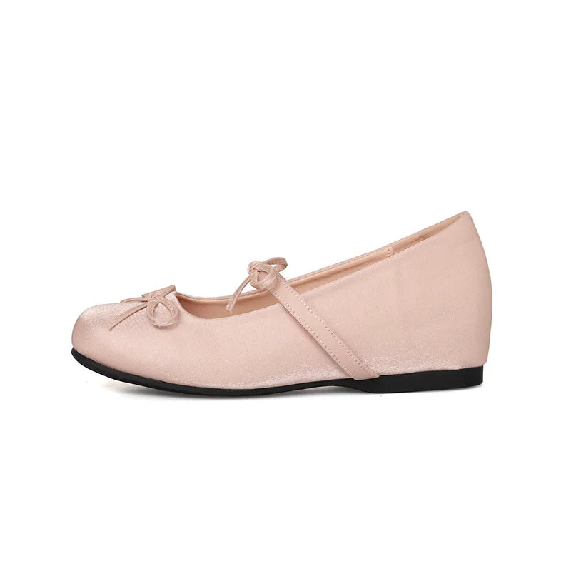 LIZAKOSHT  -  sweet pink silk height increasing flats women round toe bowtie lolita shoes ankle strap elevator mary janes shoes woman