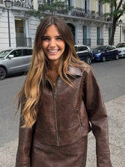 LIZAKOSHT  -  Retro Brown Leather Women's Jacket Skirt Set Fashion Turndown Collar Zipper Long Sleeve Jackets Casual Vintage Short Skirts Sets