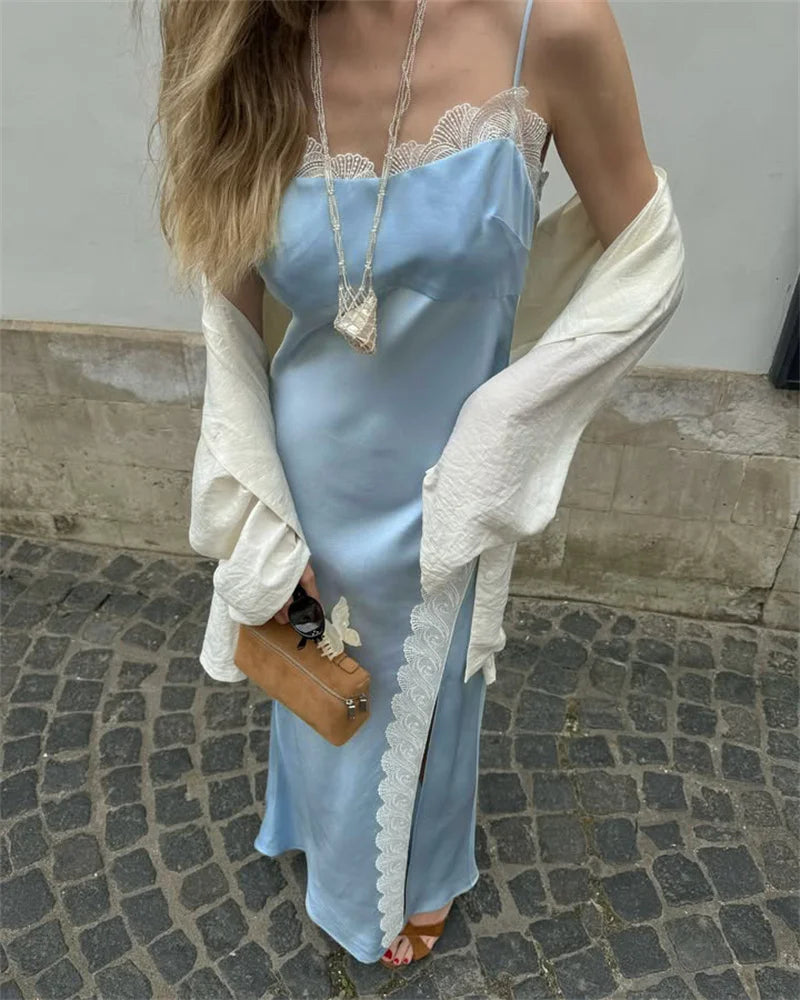 LIZAKOSHT  -  Ruched Sexy Spaghetti Strap Maxi Dress Women Split Blue Sleeveless Backless Club Party Dress Fashion Elegant Vestido