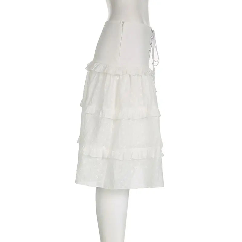 LIZAKOSHT  -  Skirts Jacquard Ruffle Tie Up Long Skirt White A-Line Skirts Casual Chic Elegant High Waist Holiday Party New