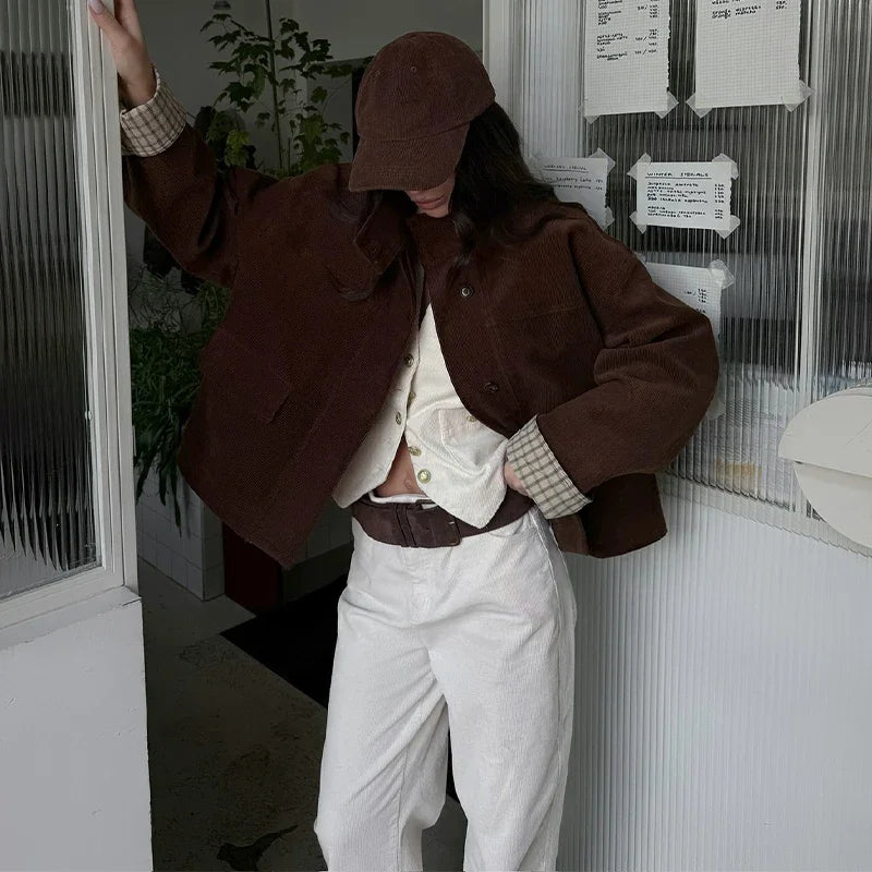 LIZAKOSHT  -  Autumn Chic Plaids Linen Solid Corduroy Coats Elegant Female Stand Collar Zipper Long Sleeves Jacket Fashion Lady Street Outwear