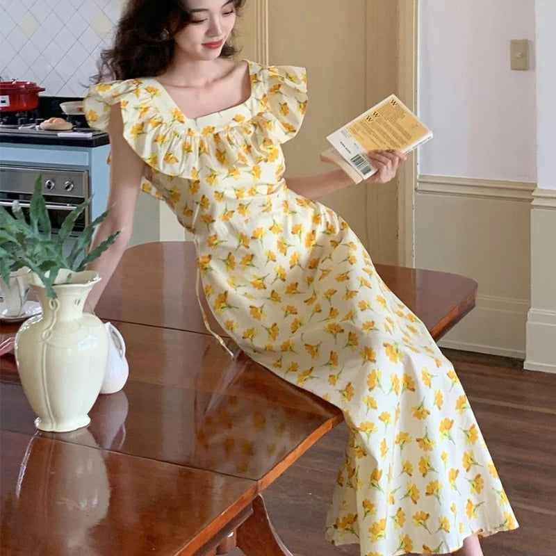 LIZAKOSHT  -  French Floral Dress Female Summer Slim Square Collar Temperament Ruffled Long Skirt