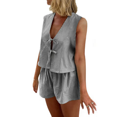 LIZAKOSHT  -  Striped Two Piece Set for Women Sexy V Neck Tie Front Sleeveless Tank Top and High Waist Shorts y2k Clothes Streetwear