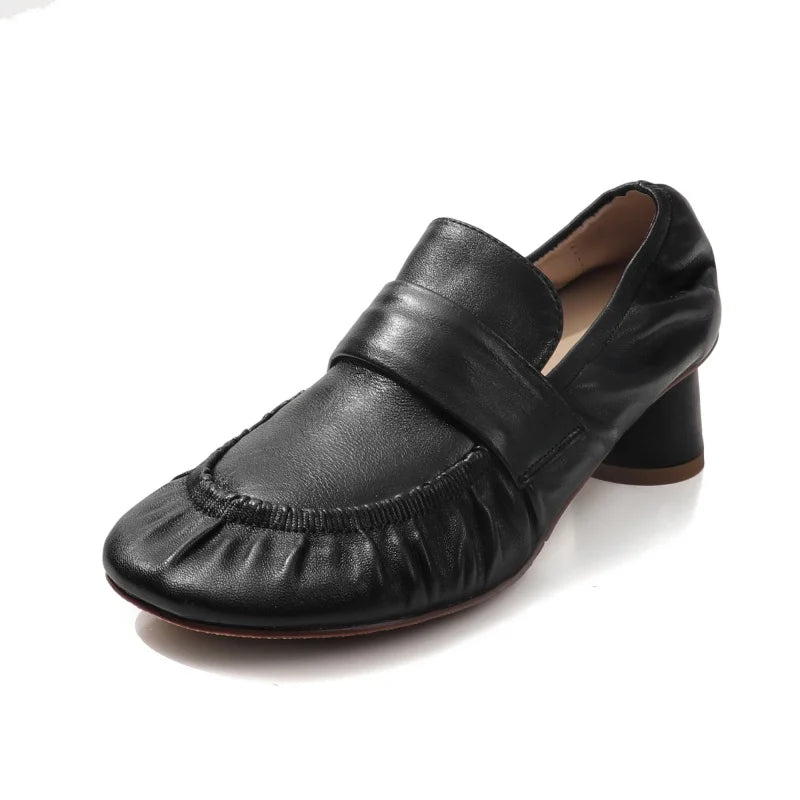 LIZAKOSHT  -  Fashion Loafers Women's New High Quality Genuine Soft Leather Shoes Round Head Ruched  High Heels Casual Shoes Women