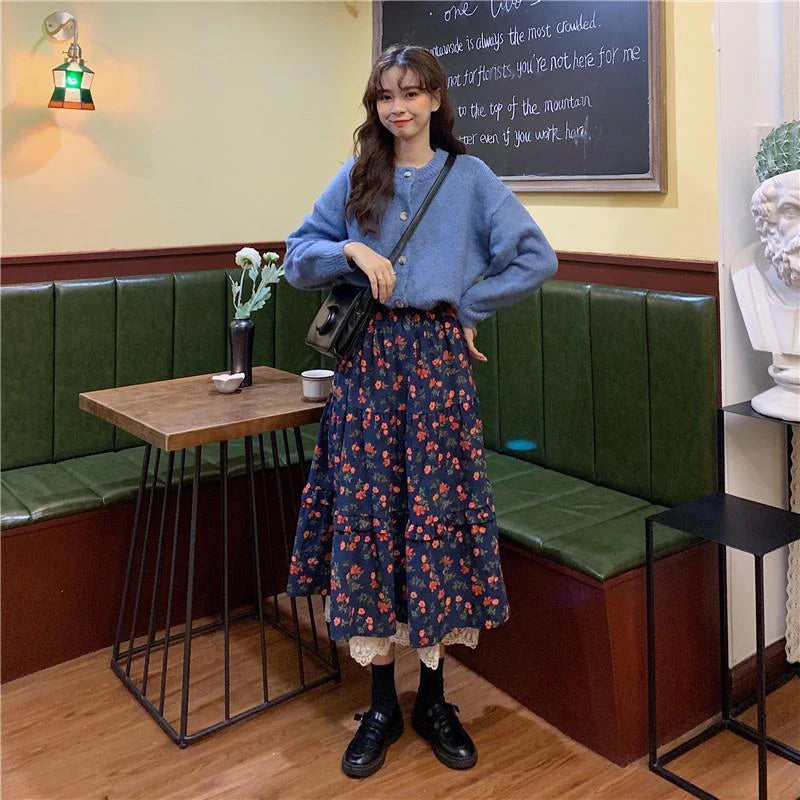 LIZAKOSHT  -  Vintage Floral Midi Skirt Women Lace Patchwork High Waist A Line Loose Casual Skirts Fall Winter Retro Harajuku Elegant Skirt