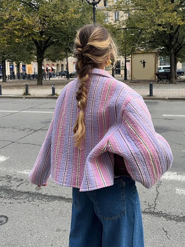 LIZAKOSHT  -  Chic Colorful Striped Lapel Collar Jacket Women Full Sleeve Zipper Patch Pockets Coat 2025 Autumn Female Chic Casual Outerwear