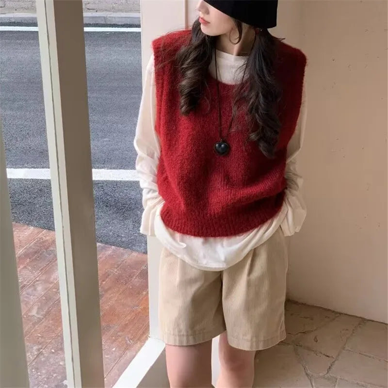 LIZAKOSHT  -  Women Cute Sweater Vest Basic Solid Color Warm Knit Tank Tops Sleeveless Pullover Knitwear For Women Spring Streetwear