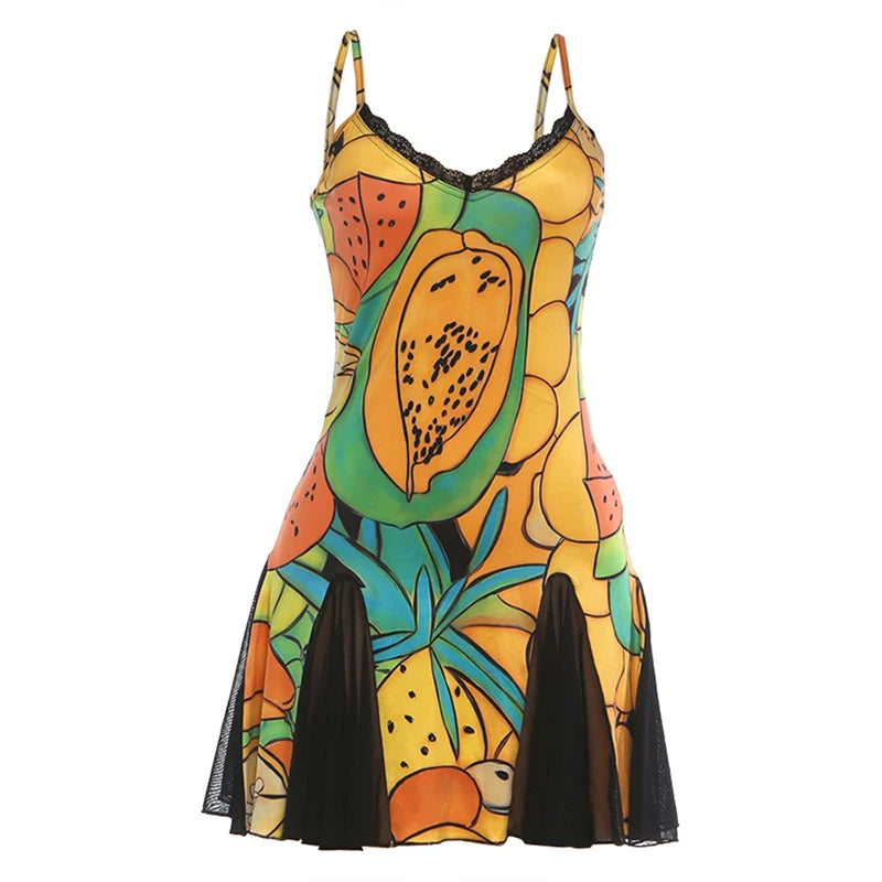LIZAKOSHT  -  V Neck Spaghetti Strap Fruit Print Mesh  Mini Dress Slim Flared Hem Spring Summer Chic Vacation Lady Women Cute  Outfit