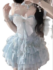 LIZAKOSHT  -  Japan Bowknot Dress Sweet Pure Desire Wind Original Design Dress Solid Color Patchwork Lace Princess Sling Sleeveless Slip Dress