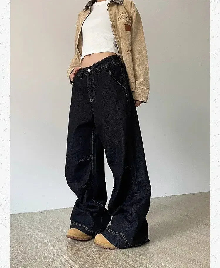 LIZAKOSHT  -  American Vintage Loose Jeans Women High Street Lazy Harajuku Y2K Wide Leg Pants Fashion Black Casual Chic Denim Trousers
