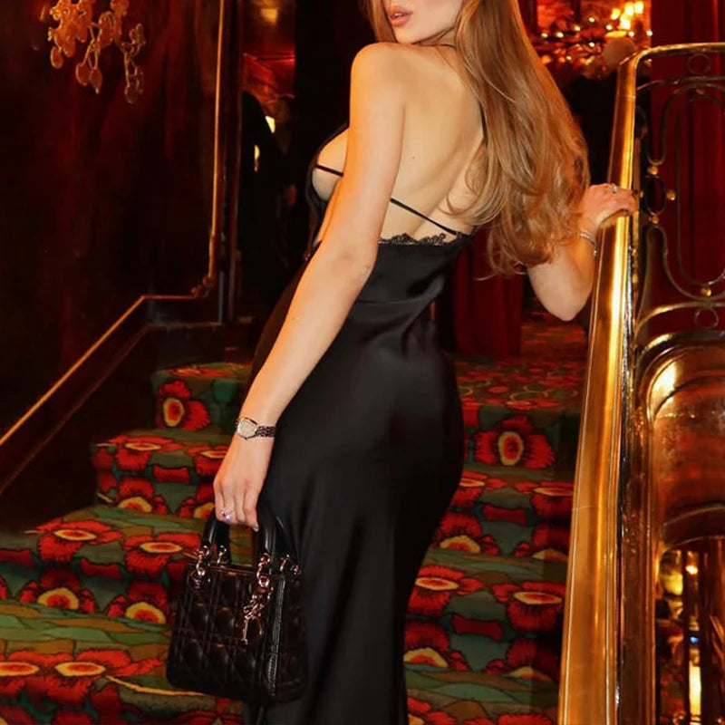 LIZAKOSHT  -  Women's Sling Obliques Shoulder Slim Temperament Black Backless Fashion Satin Evening Party Maxi Lace Stitching Dress for Lady