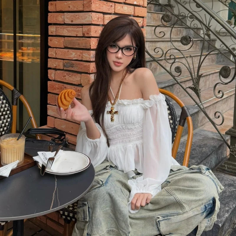 LIZAKOSHT  -  Off Shoulder Ruffles Sexy Lantern Long Sleeve Halter Backless Fashion All-match Crop Tops Y2K Summer Streetwear Blouses