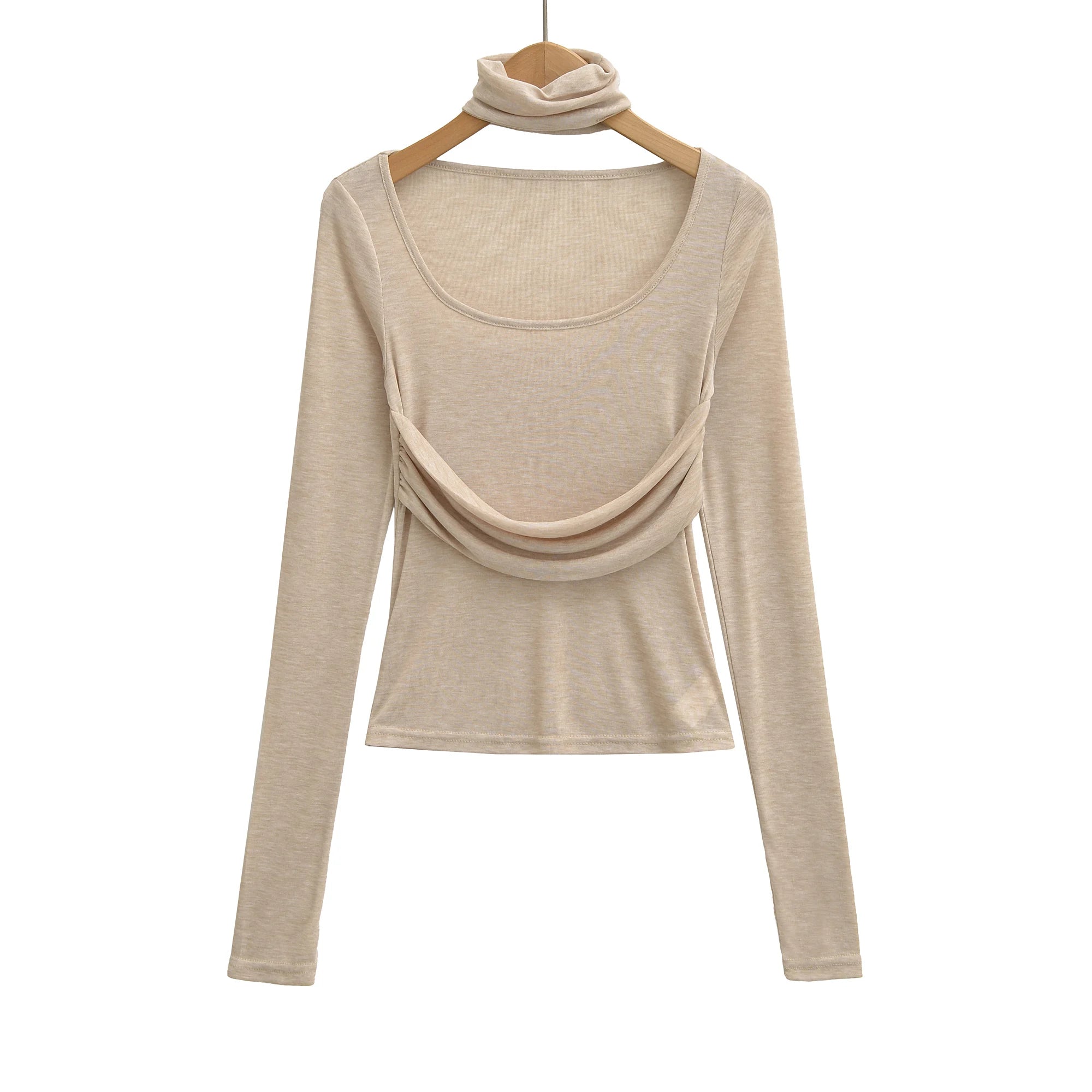 LIZAKOSHT  -  3 color Spring Removable High Collar Long Sleeve T Shirt Women Spliced Ruched Chest Stretch T-shirt Skinny Top Apricot White