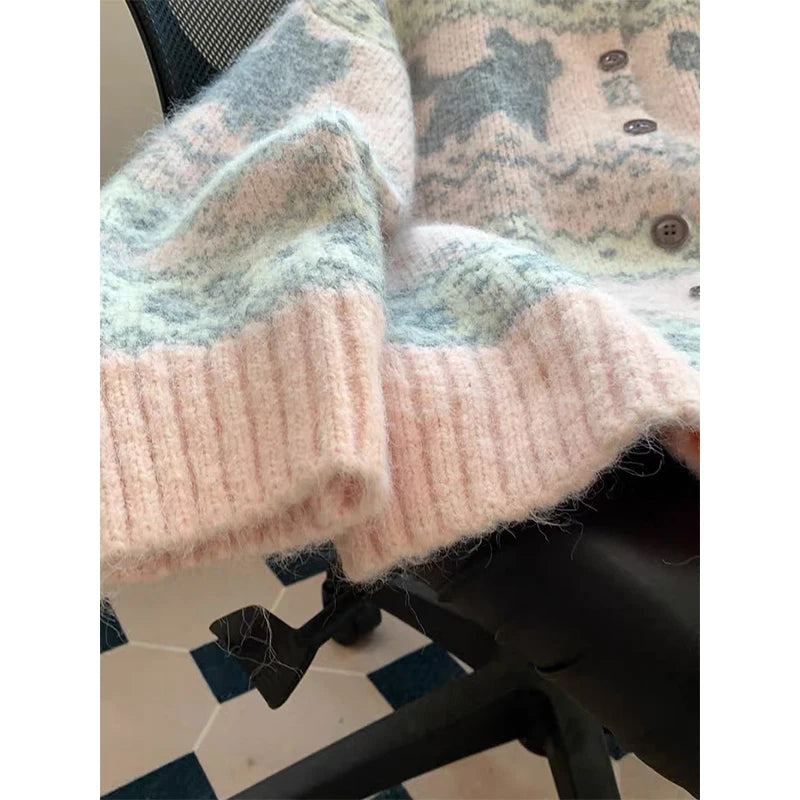 LIZAKOSHT  -  Kawaii Pink Knitted Cardigan Women Harajuku Cartoon Print Sweater Outerwears Korean Knitwears Winter Fashion Cute Jumpers