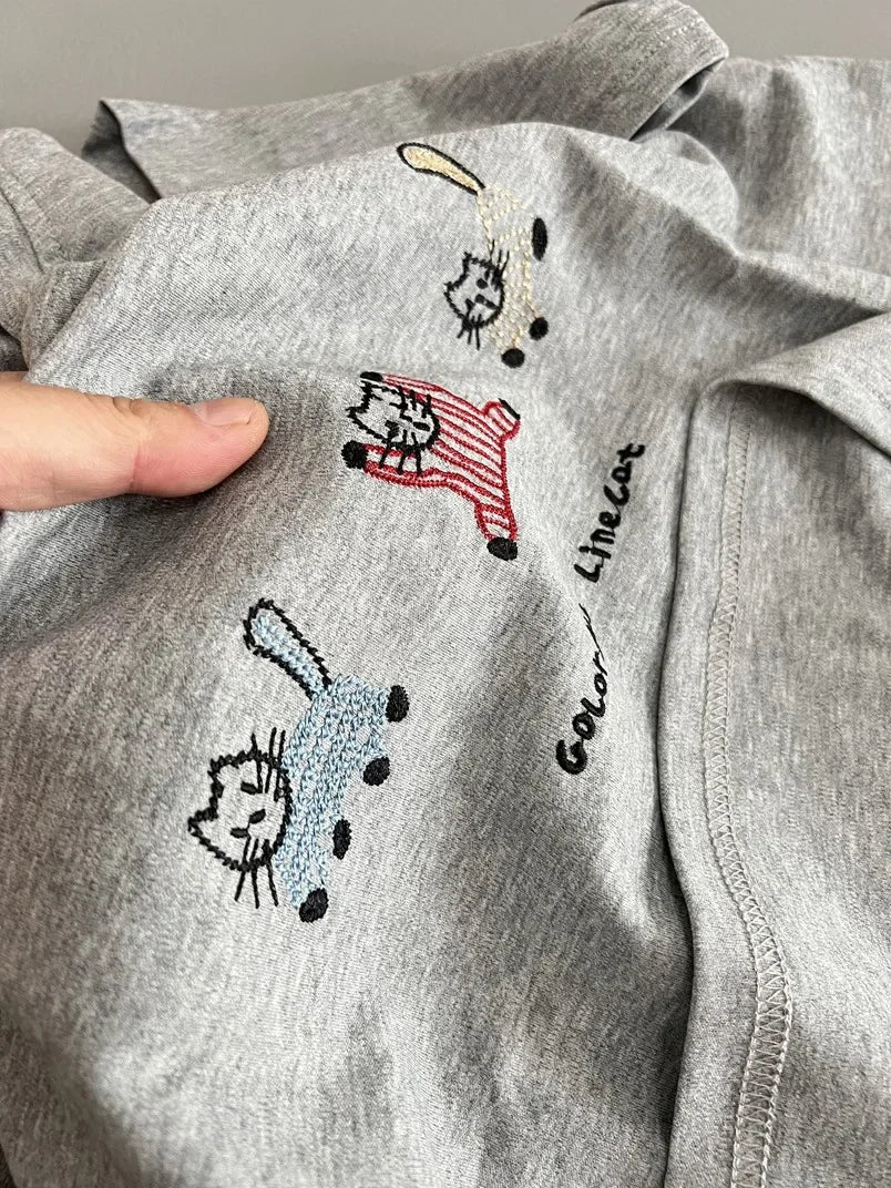 LIZAKOSHT  -  Korean Style Cat Embroidery Short Sleeve Crew Neck T-Shirt Casual Summer New White Women's Top Fashionable Girl's Clothing