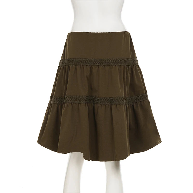 LIZAKOSHT  -  Vintage A-Line Beaded Tie-Waist Woven Skirt For Woman Chic Brown Lace Design Slim Mid-length Skirt Y2k Boho Clothes New