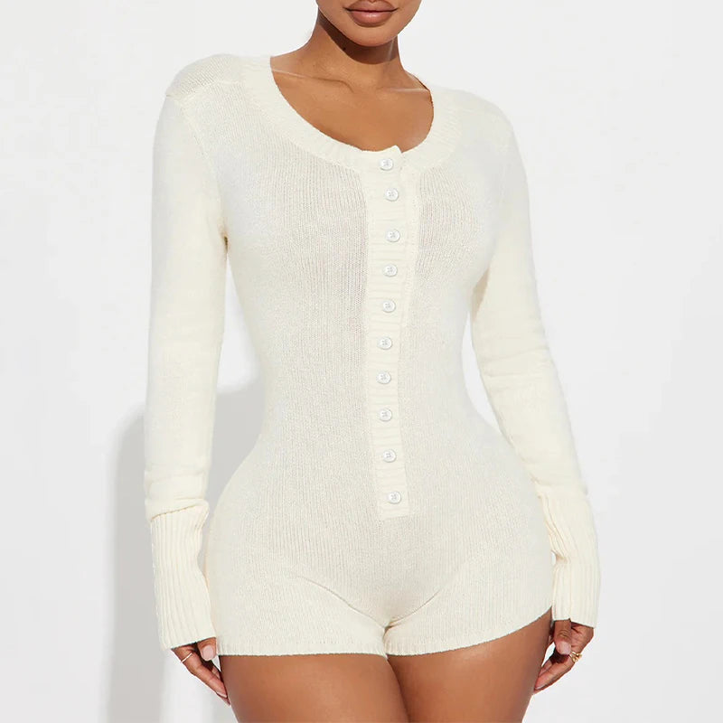 LIZAKOSHT  -  Casual Sexy Knit Button up Long Sleeve Solid Color High Waisted Slim Fit Women Playsuit Basic Style Fashion Jumpsuit Shorts