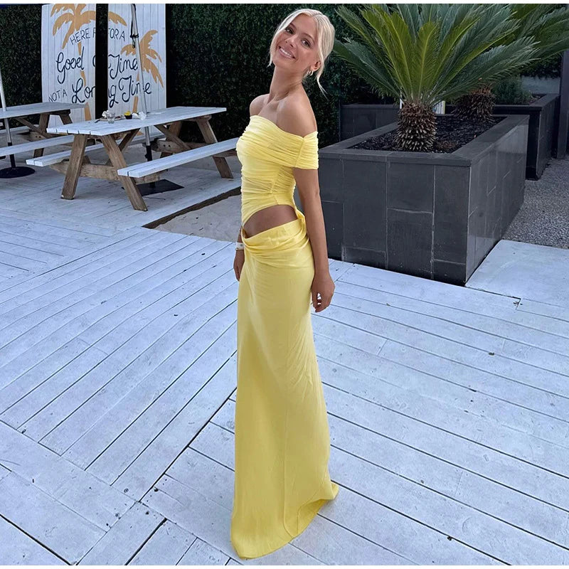 LIZAKOSHT  -  Elegant Sexy Long Dress Women Off Shoulder Hollow Out Sleeveless Patchwork Mesh Robe Female 2025 Spring Summer Chic Solid Robe