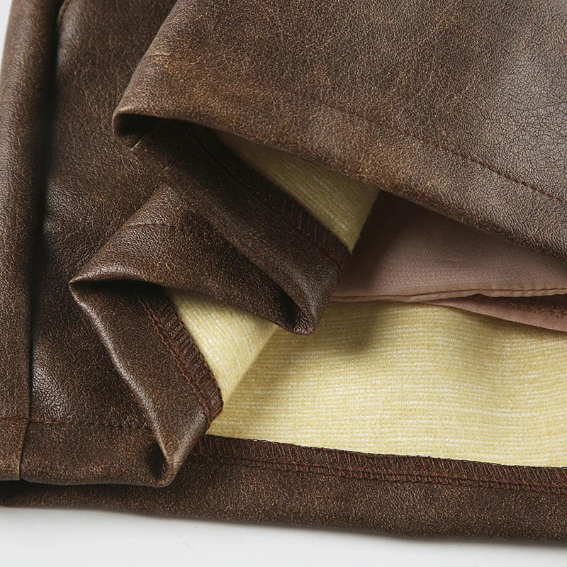 LIZAKOSHT  -  Y2k Brown Faux Pu Leather Low Waist Mini Skirts for Women Pockets Button Vintage Femme Club Streetwear Sexy Autumn Skirt