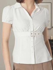 LIZAKOSHT  -  Ladies Stylish Solid Color Blouse with Short Puff Sleeves and Turn Down Collar Casual Button Up Shirt for Summer Fashion