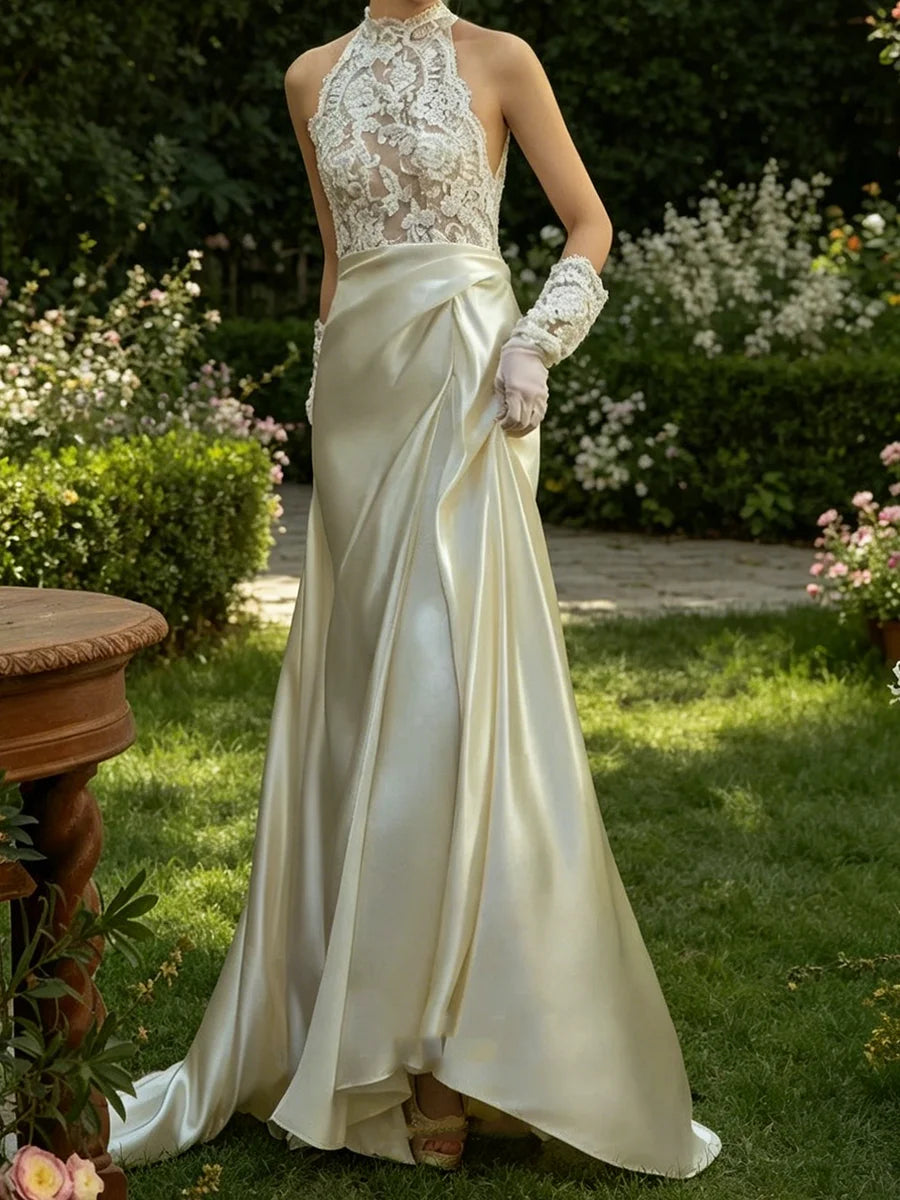 LIZAKOSHT  -  Sexy Halter Lace Sleeveless Ruched Floor Length A-Line Bride Wedding Dresses Bridal Gowns Customized
