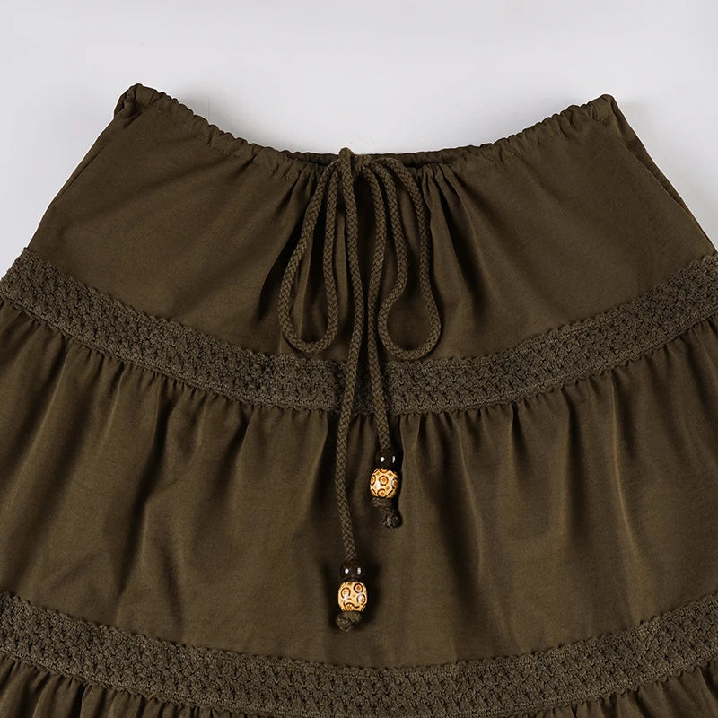 LIZAKOSHT  -  Vintage A-Line Beaded Tie-Waist Woven Skirt For Woman Chic Brown Lace Design Slim Mid-length Skirt Y2k Boho Clothes New