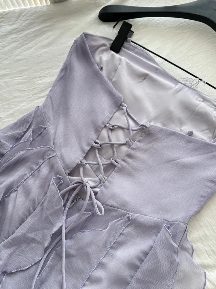 LIZAKOSHT  -  Women's Purple Flower Butterfly Dress Y2K French Casual Elegant Aesthetics 2000s Style Cute Party Retro Dress Clothing 2025 New