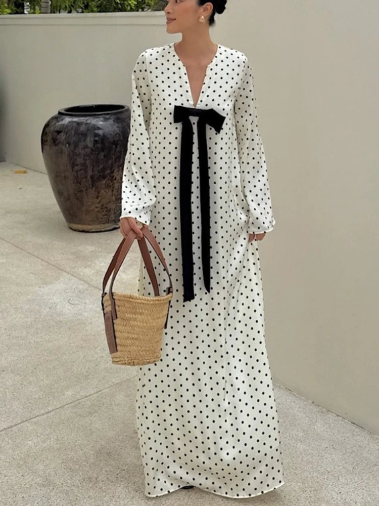 LIZAKOSHT  -  Elegant Bow V-Neck Floral Polka Dot Maxi Dress For Women Long Sleeves Loose Contrast Party Dress Evening Women Maxi Dress
